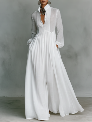 Brunhilde | Patchwork Leinen Maxi Kleid Stehkragen