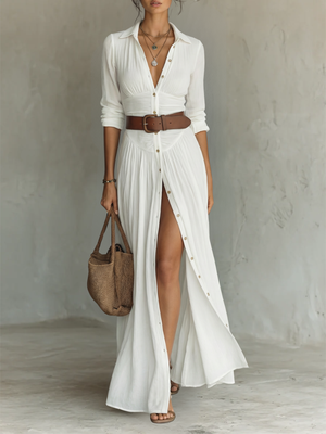 Gretchen | Weißes Leinen Faltenkleid Maxi